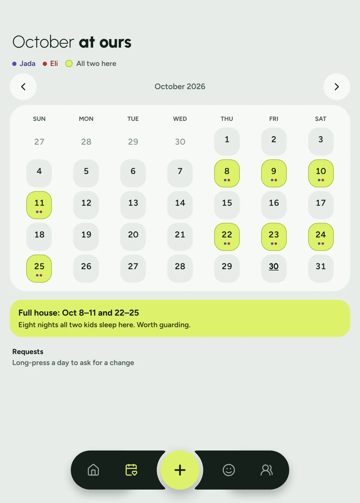Left half of an open iPhone Duo: the month calendar